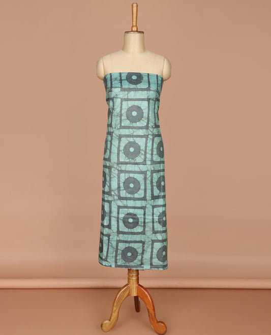 Pista green with ash color geometric batik print bhagalpur cotton chudidhar material top with batik print cotton pants & batik print mul mul dupatta