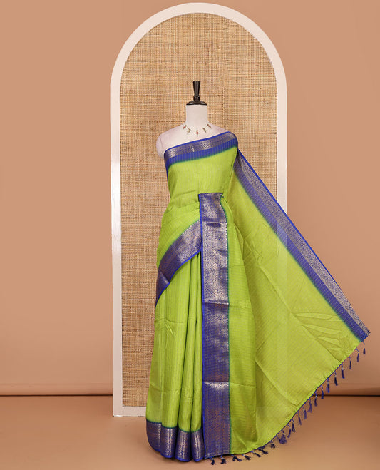 Parrot green gold zari vertical striped dola silk saree, contrast traditional zari border of manga design, striped pallu & contrast diamond design blouse