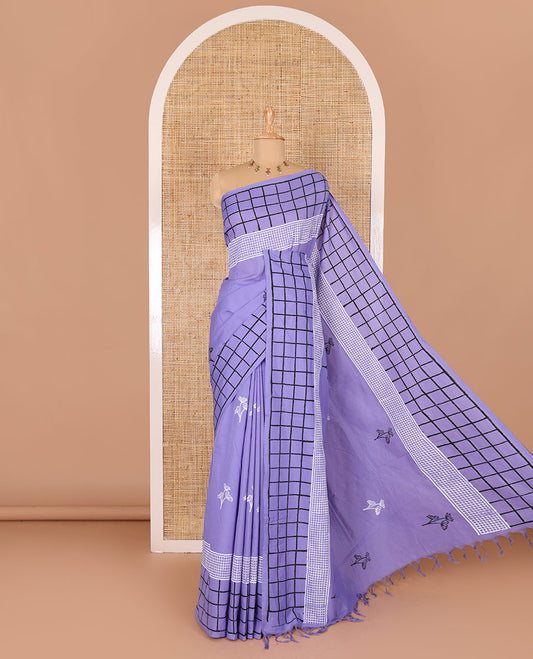 Lavender floral motifs printed South cotton saree, checks block printed border, a matching blouse, and a contrast paisley vine block printed blouse