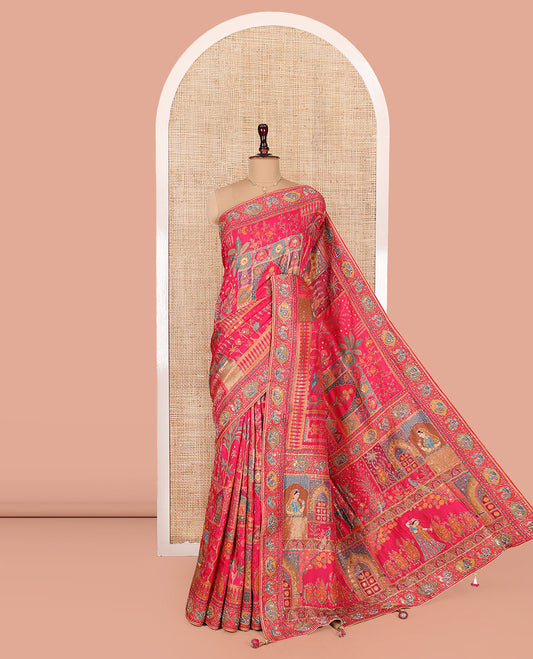 Pink Dola Silk Saree, Boldly Accentuated with Floral and Mughal-Style Print on Its Body, Highlighted by a Peacock Border, Pallu Depicts Mughal-Style Printed Outline Embroidery, and Paired with a Matching Blouse