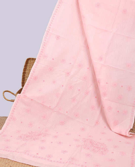 Pink floral embroidery lucknowi chikankari cotton saree,self scallop design border & pallu of floral embroidery