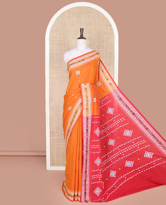 Orange Odisha Cotton Saree, Accentuated with Buttas All Over the Body, Subtle Self-Border Steeped with Fish Motifs, Captivating Contrast Pallu of Unique Designs, and Paired with a Contrast Blouse