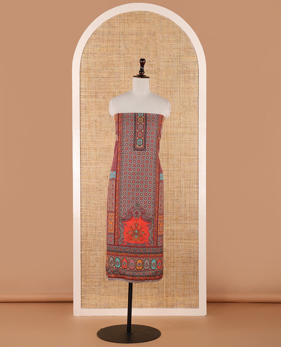 Multi-color churidar material set, ajrakh-printed & sequins work crepe top, kalidoscopic-colored dupatta of ajrakh print & sequins work & plain crepe bottom