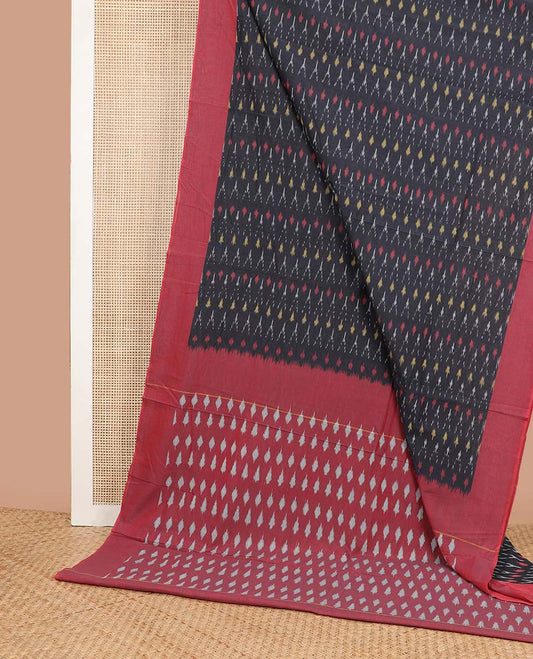 Black geometric design ikkat cotton saree with contrast border & geometric design pallu