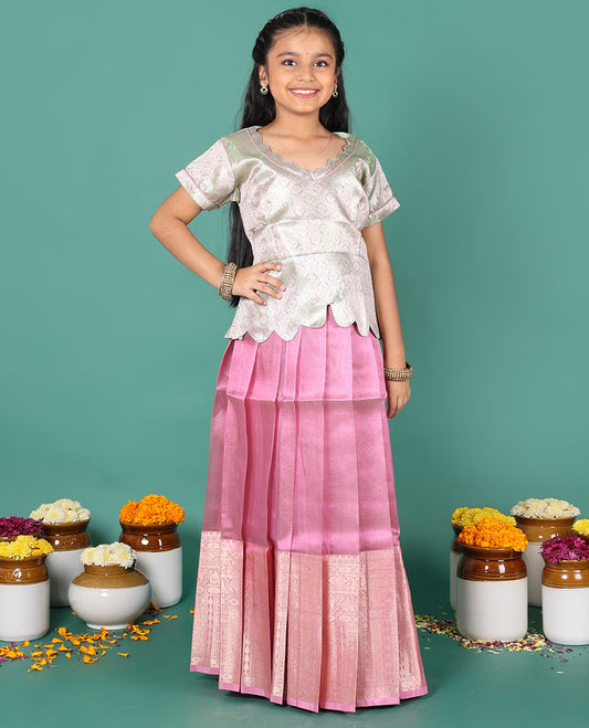 Pink readymade art silk pavadai, traditional zari big border skirt, & contrast jacquard scallop neck & short sleeve blouse