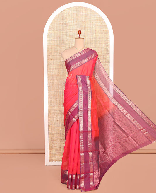 Pink Silk Cotton Saree, Decked Up with Zari Buttas All Over Its Body, Complemented by a Contrast Traditional Zari Design Rettai Pettu Border, Pallu of Intricate Designs, and Paired with a Contrast Blouse
