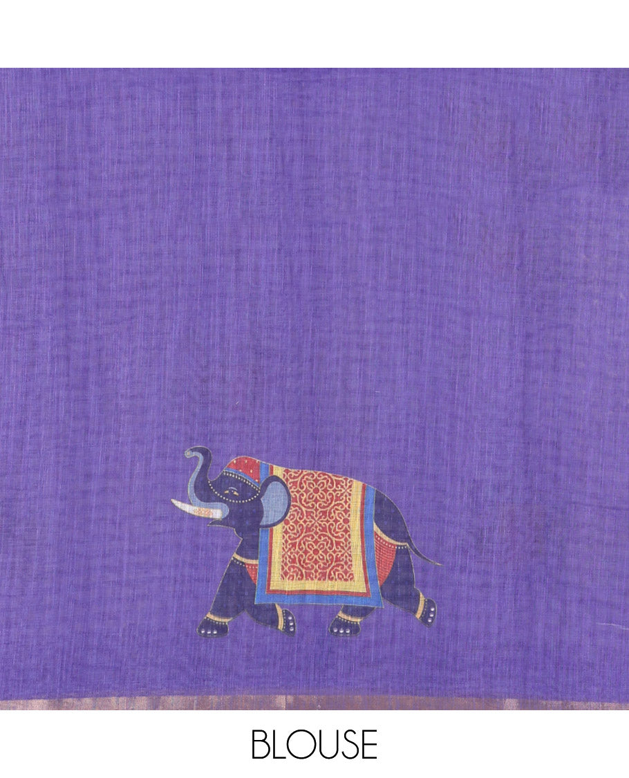 Lavender Linen Cotton Saree, Bedecked with Micro-Checks and Elephant Motifs on Its Body, Complemented by a Contrast Border, Striped Pallu, and Paired with a Contrast Elephant Motifs Printed Blouse