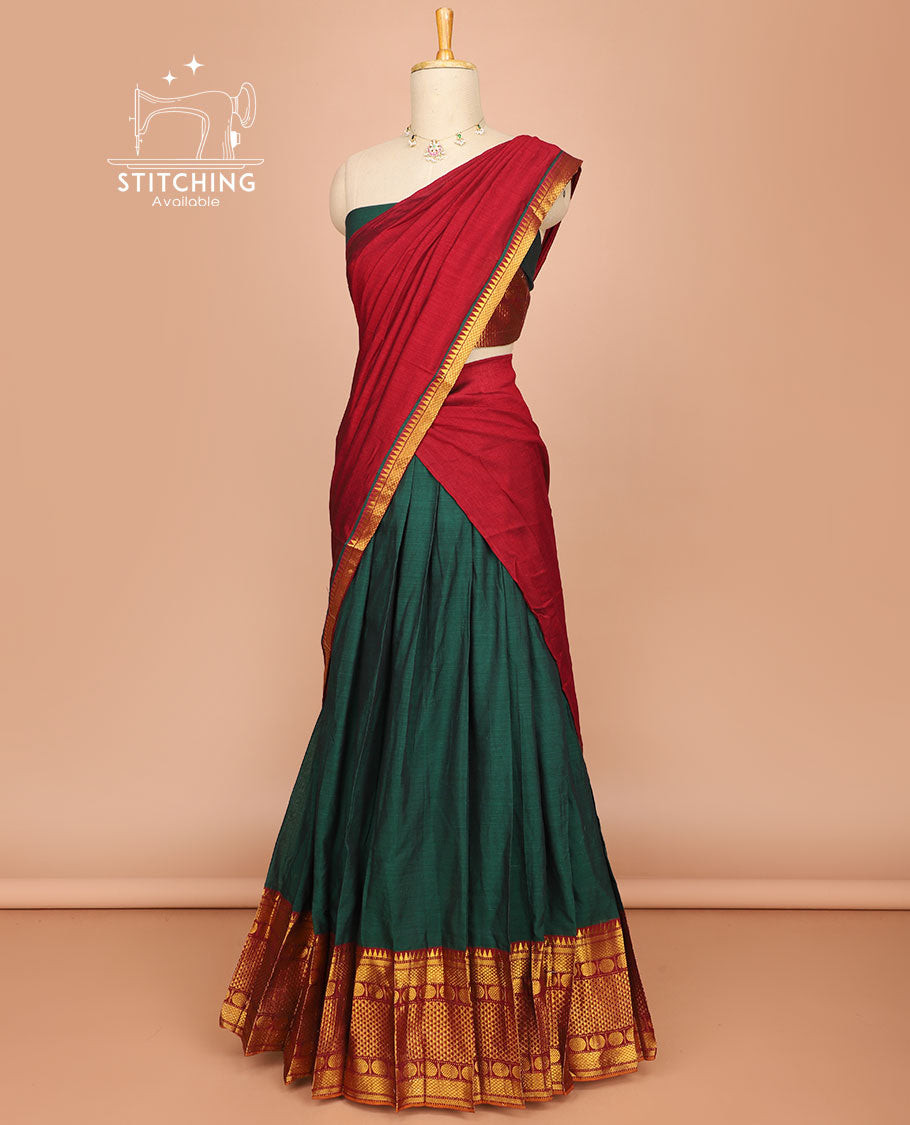 Green cotton half saree with contrast traditional zari design border, zari design blouse & plain, temple border dhavani