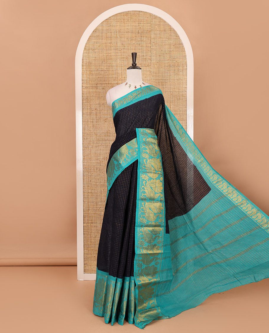 Navy blue zari checked Sungudi cotton saree, contrast zari border decked up with peacock motifs, zari striped pallu & contrast veldhari stripes blouse