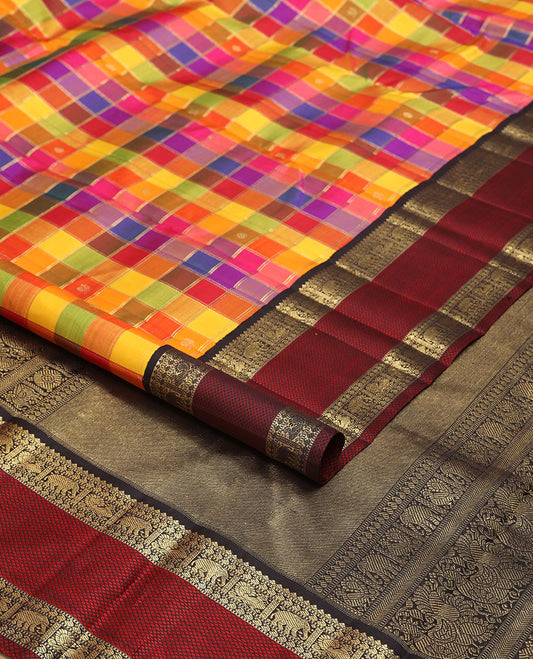 Multi-color checked kancheepuram silk saree with contrast rettai pettu border of thilakam mokku, muthu, manga, yaani, mayil design & zari design pallu '