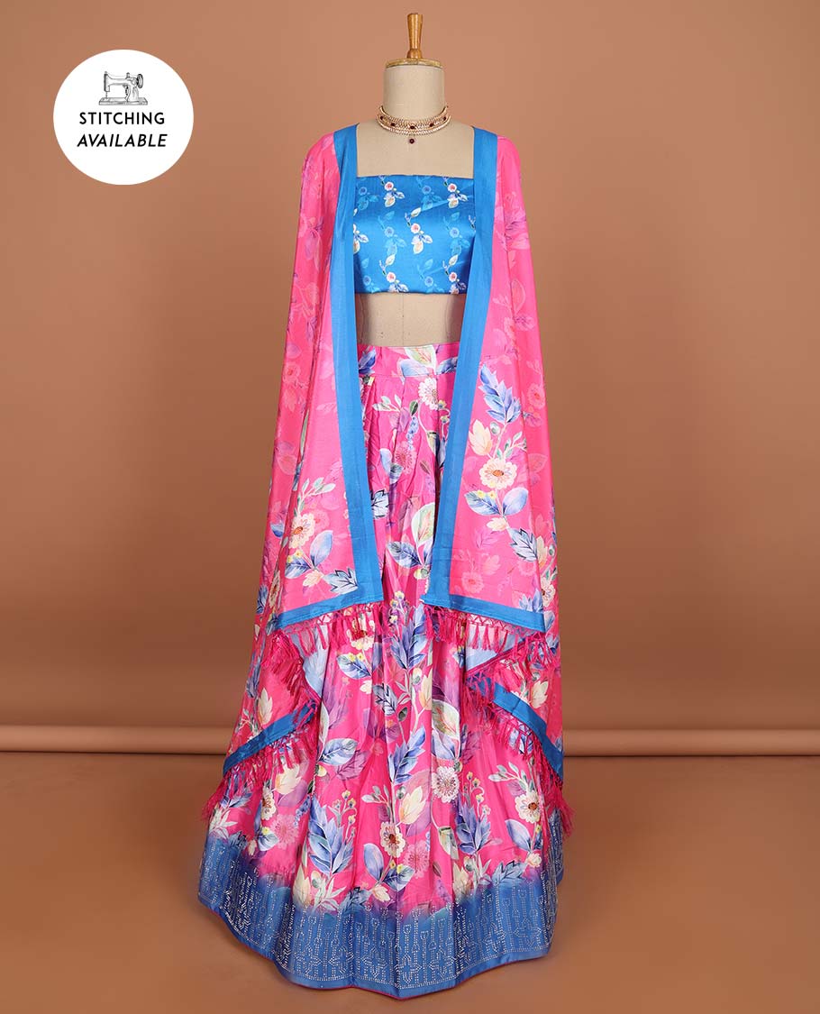 Pink floral design half saree with contrast border, unique design blouse & floral design dhavani