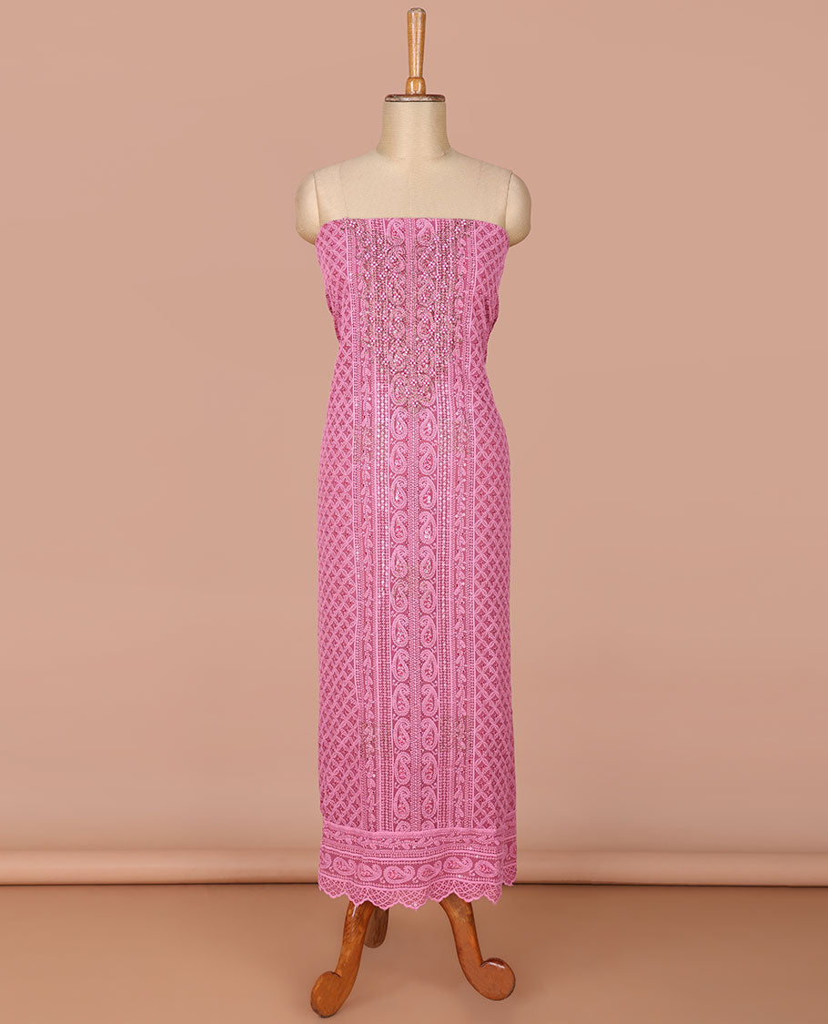 Pink georgette shifli sequins, stone, moti work chudidhar material top with amercial crepe pant & digital print, mirror work dupatta