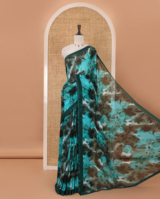 Rama-green floral digital printed georgette saree, plain satin lace border & matching printed blouse