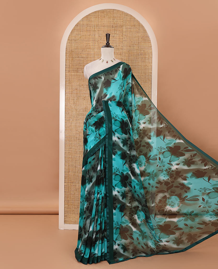Rama-green floral digital printed georgette saree, plain satin lace border & matching printed blouse