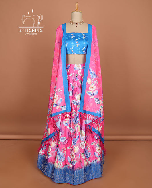 Pink floral design half saree with contrast border, unique design blouse & floral design dhavani
