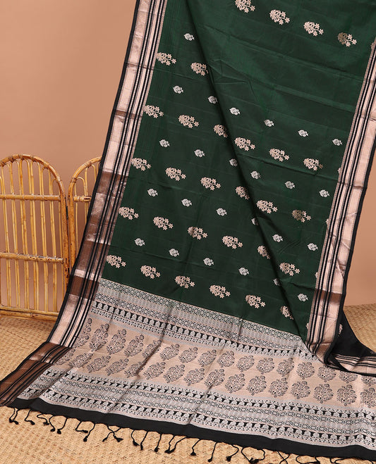 Green striped soft silk saree with floral buttas, contrast border of muthu & mayil kann & pallu of floral designs