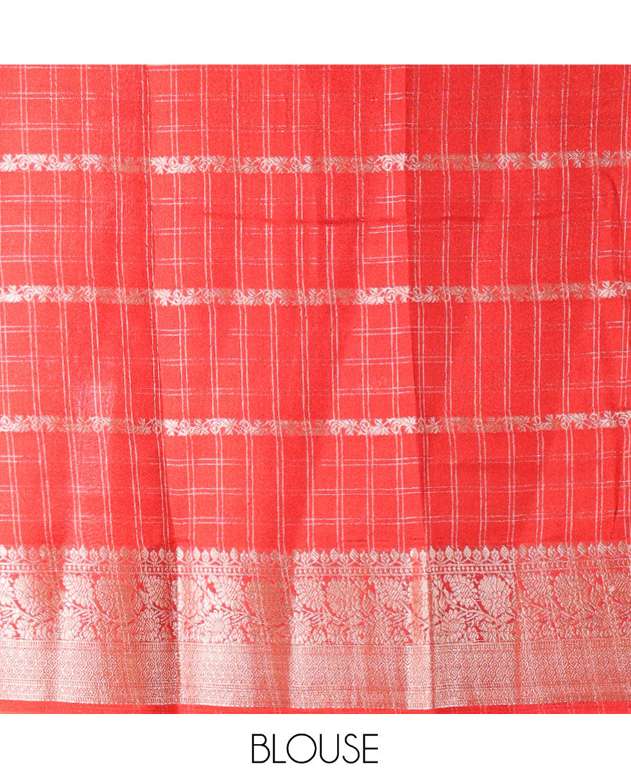 Off-White Fancy Georgette Saree, Subtly Enriched with Zari Designs, Complemented by a Contrast Ganga-Jamuna Zari Temple Border of Traditional Designs, Pallu of Paisleys, and Paired with a Contrast Blouse