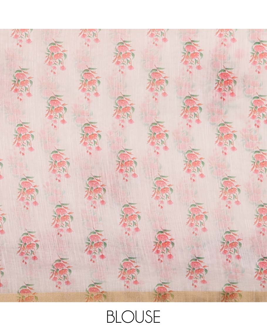 White floral digitally printed linen saree,gold zari piping border & pallu of floral & peacock print,floral printed pallu