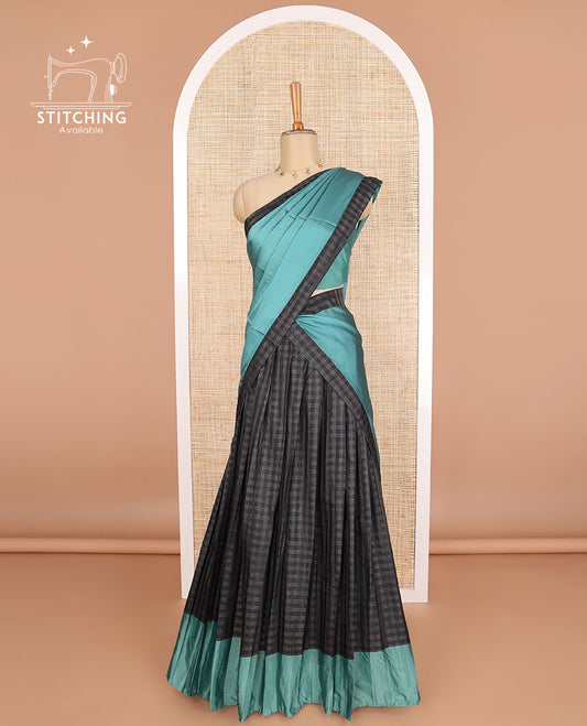 Black checked poly-cotton half saree with contrast border, plain blouse & blue plain, checked border dhavani