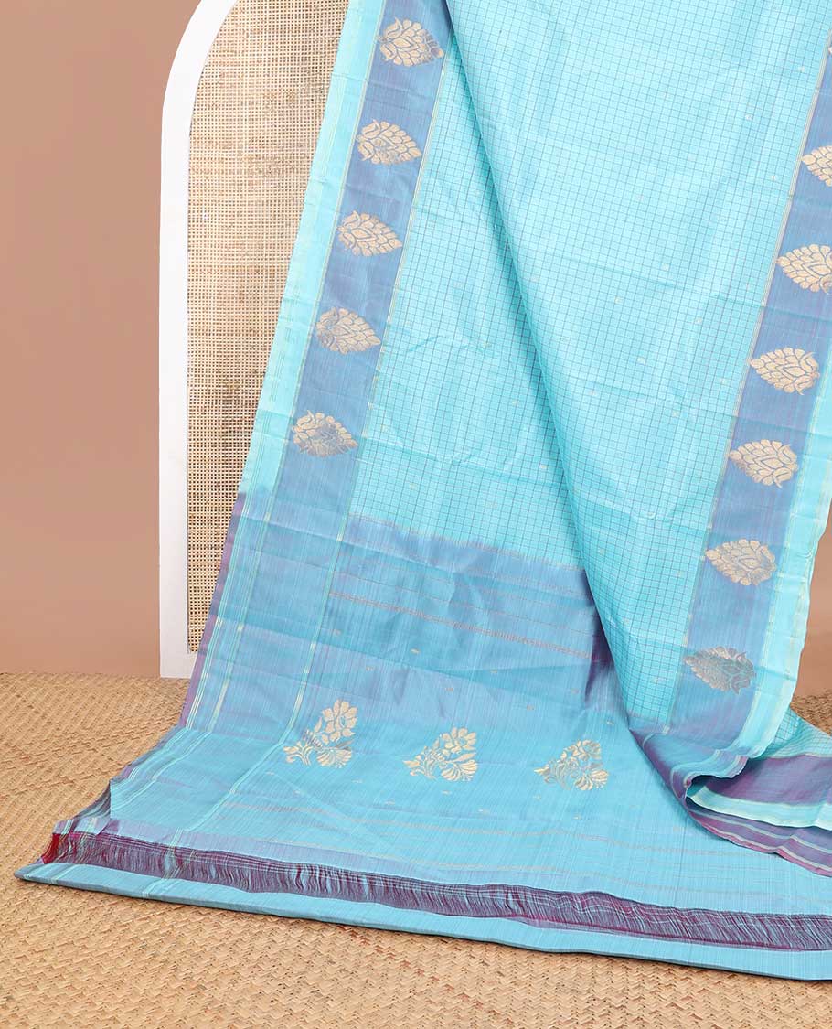 Light blue checked kancheepuram silk saree with contrast floral zari design border & floral design pallu