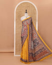 Gold-base colorful Mughal-style motifs printed & real mirror work masakali saree, self-border & pallu of print & mirror work