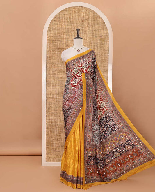 Gold-base colorful Mughal-style motifs printed & real mirror embroidery masakali saree, self-border &  pallu of print & mirror work