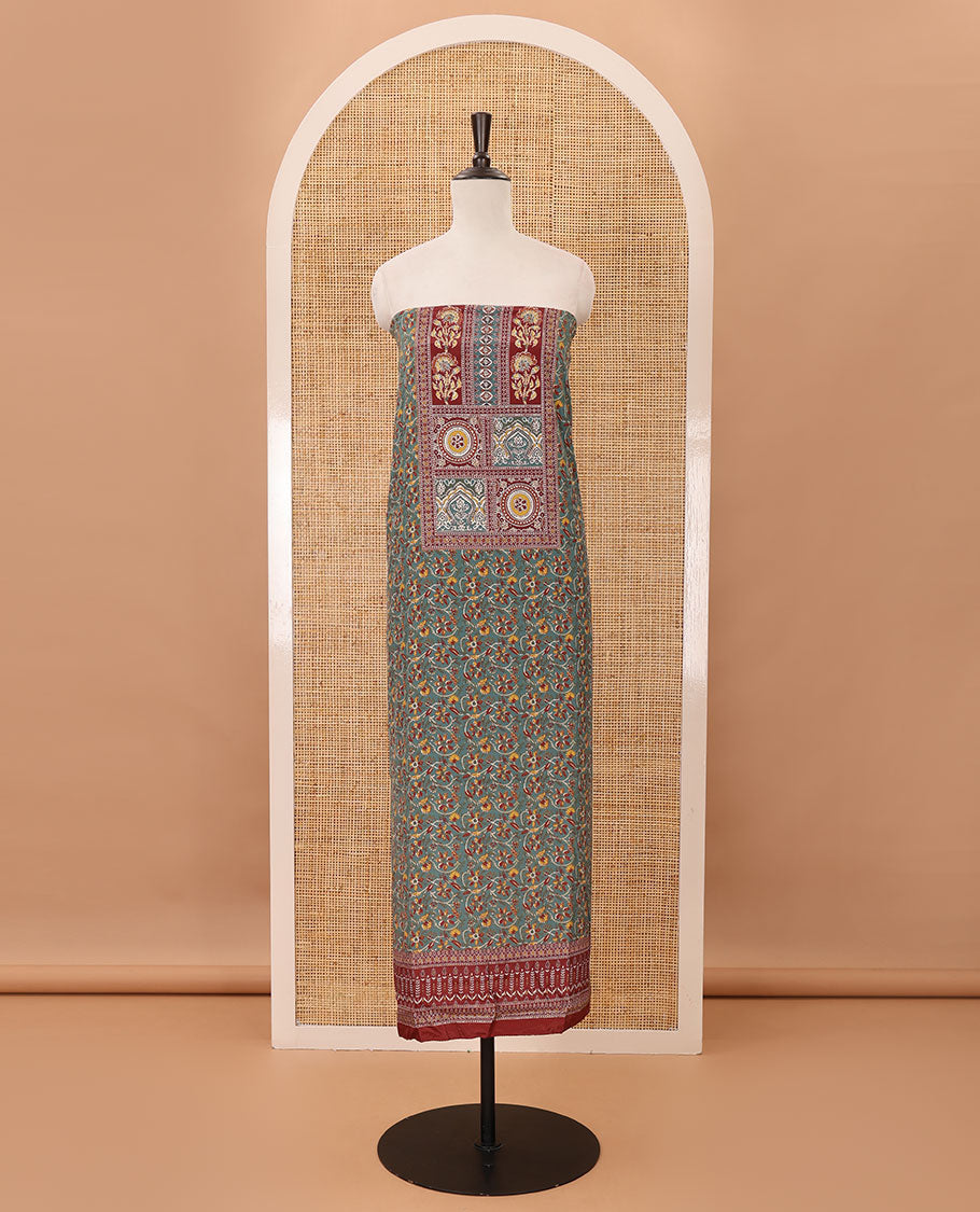 Green material chudidar set,floral-geometric Arjrakh print & stonework Masakali crepe top,plain bottom & Arjrakh print & stonework chinon dupatta