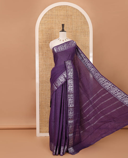 Violet  zari checked Sungudi cotton saree, zari annam motifs woven border, zari striped pallu & contrast zari checked blouse