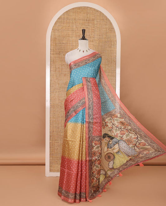 Orange 3D-dying with bandhani printed design kota saree , self printed border , radhe and kalamkari style printed pallu & contrast printed blouse