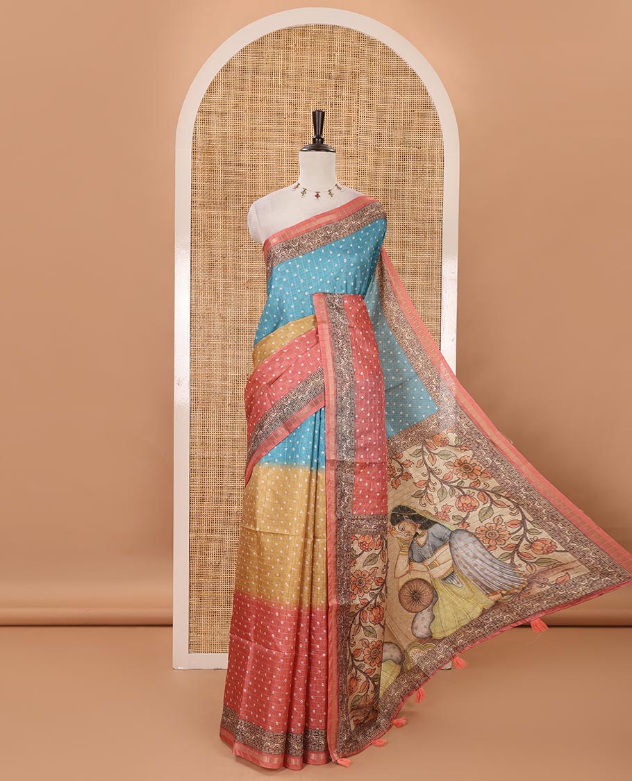 Orange 3D-dying with bandhani printed design kota saree , self printed border , radhe and kalamkari style printed pallu & contrast printed blouse