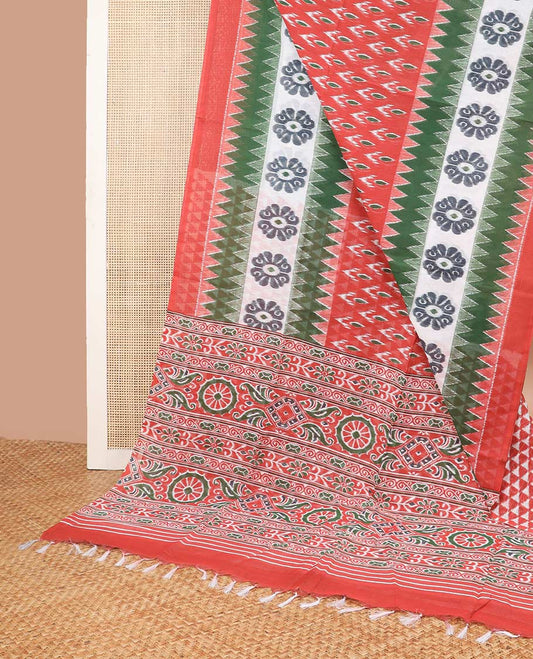 Red floral motifs mul mul cotton saree with contrast temple, floral design border & floral design pallu