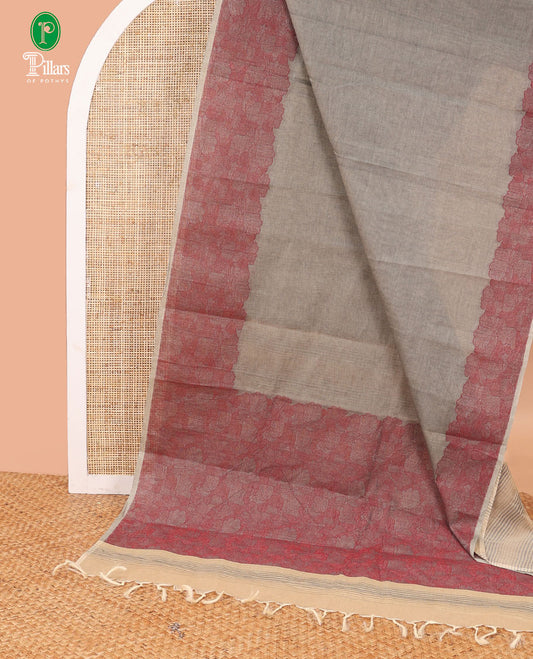 Silver grey coimbatore cotton saree with contrast thread border & threaded rich pallu along with striped blouse