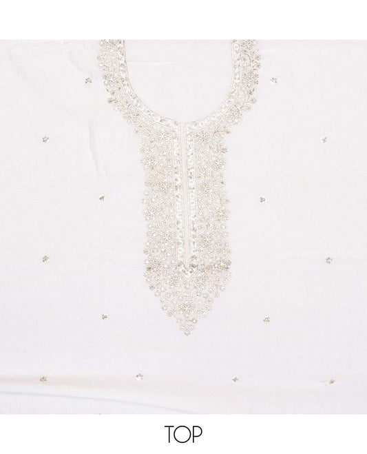white chudidhar material set floral thread embroidery with sequins work, plain bottom & floral sequins work dupatta