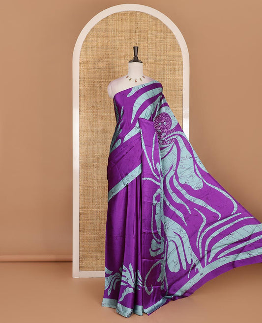 Borderless purple  abstract style vines batik printed Gajji silk saree, printed pallu, and plain blouse