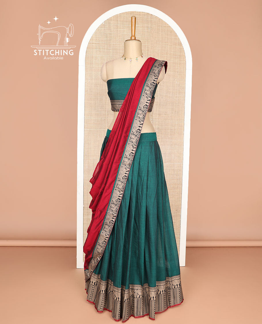 Green cotton half saree with contrast intricate zari design border, elephant design blouse & elephant design border dhavani