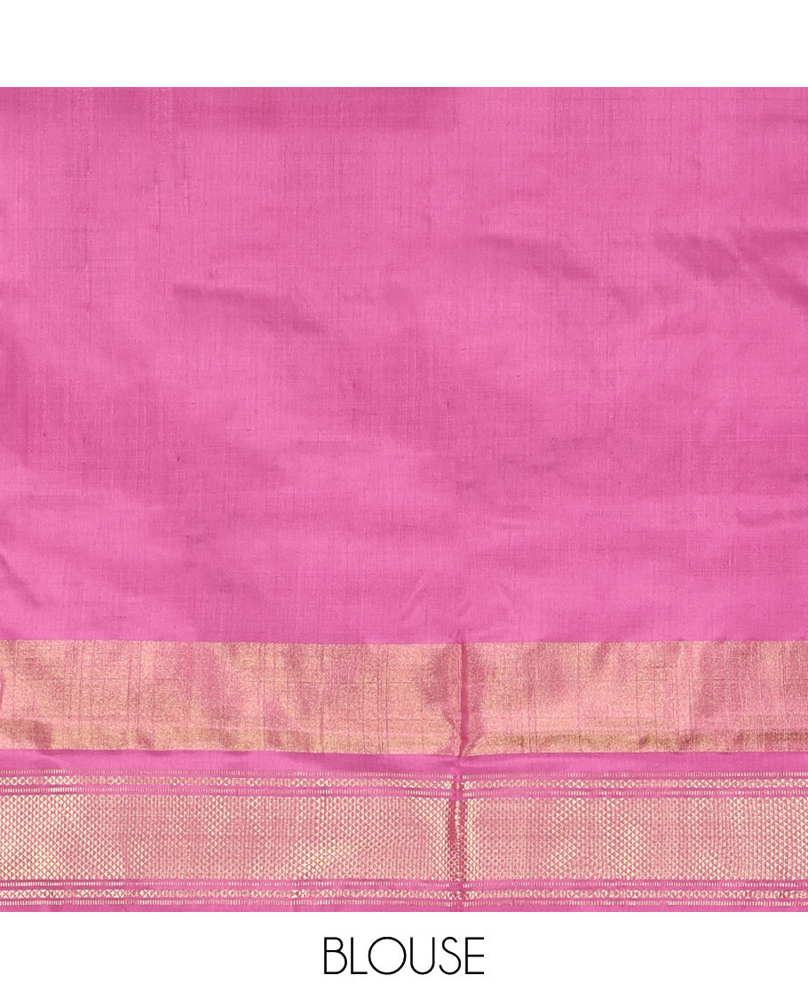 Pink Pochampally Ikat Silk Saree, Meticulously Woven with Ikat Enclosed Checks on Its Body, Highlighted by a Zari Border, Pallu of Jaal Pattern in Ikkat Weave, and Paired with a Matching Blouse