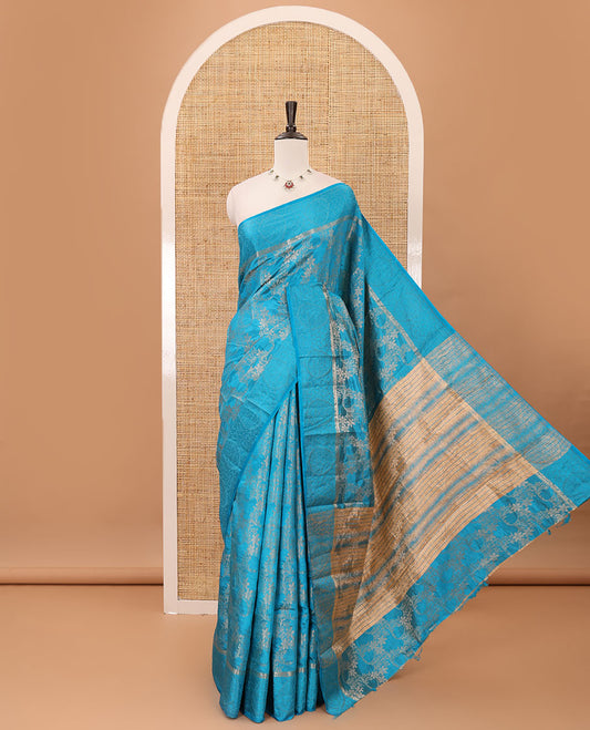 Blue floral jaal jacquard fancy tussar saree, zari floral design border, tissue lining pallu & floral jaal zari matching blouse