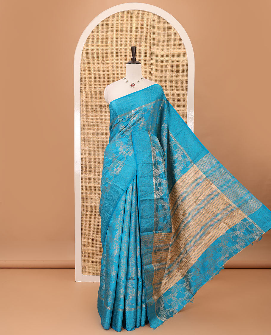 Blue floral jaal jacquard fancy tussar saree, zari floral design border, tissue lining pallu & floral jaal zari matching blouse