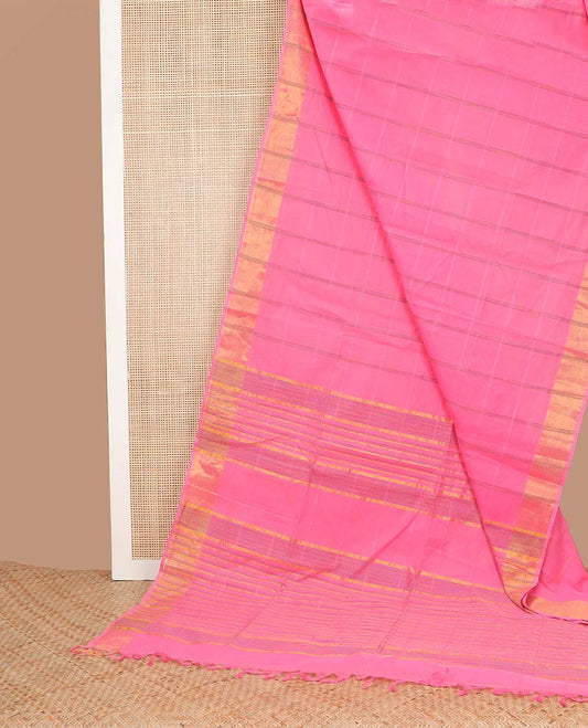Pink checked jute cotton saree with self zari design border & striped pallu