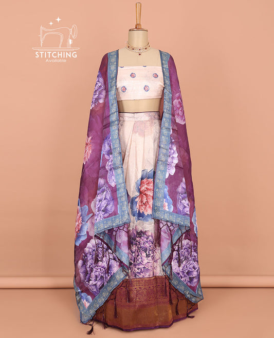 Multi-color floral printed art silk half saree, contrast traditional border, floral printed blouse & intricate pallu