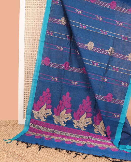Blue all-over floral design coimbatore cotton saree with contrast plain border