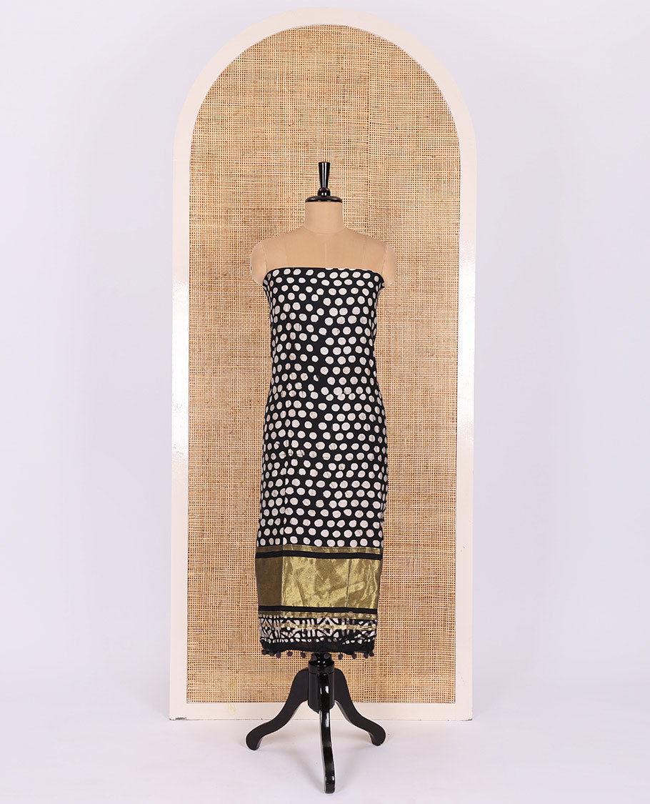 Black material chudidar set, polka dots batik printed modal chanderi top, batik motifs printed bottom, and a batik motifs printed modal chanderi dupatta