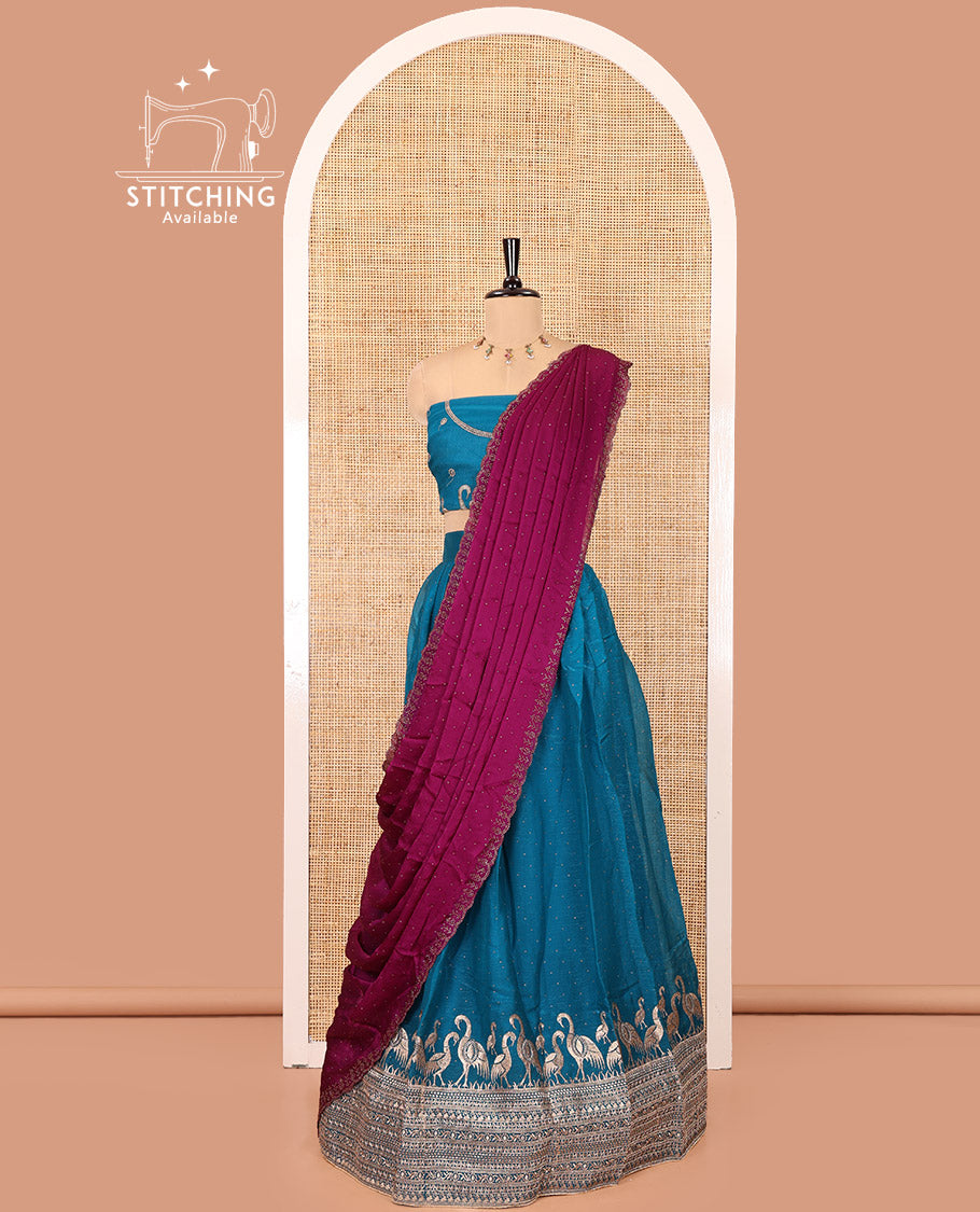 Blue Half-Saree Set, Mesmerized with Stone Work and Bird Motifs Embroidery on Its Satin Georgette Skirt, Highlighted by Embroidered Border, Paired with a Matching Blouse, and Comes with a Contrast Scallop Stone Work Dupatta