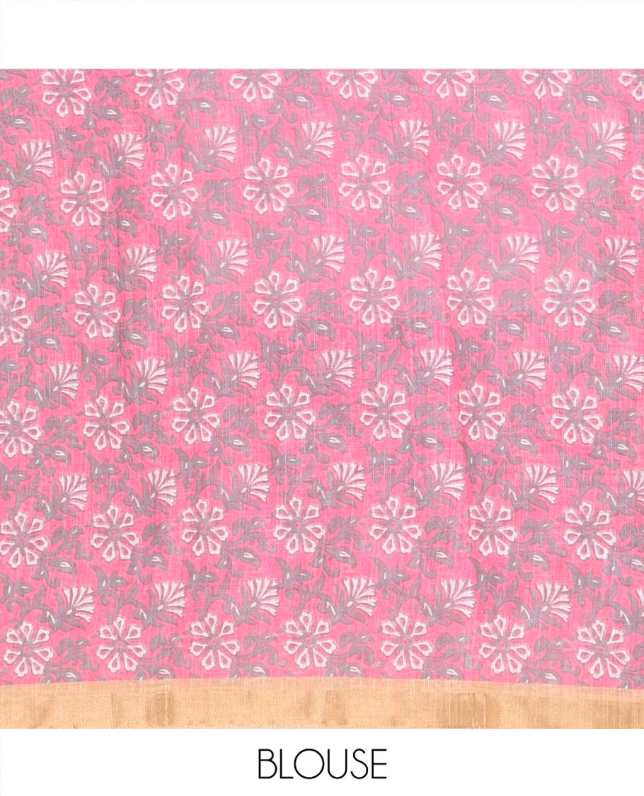 White-Pink Linen Cotton Saree, Bedecked with Shibori-Printed Body, Highlighted by Piping Border, Floral Printed Pallu, and a Contrast Blouse