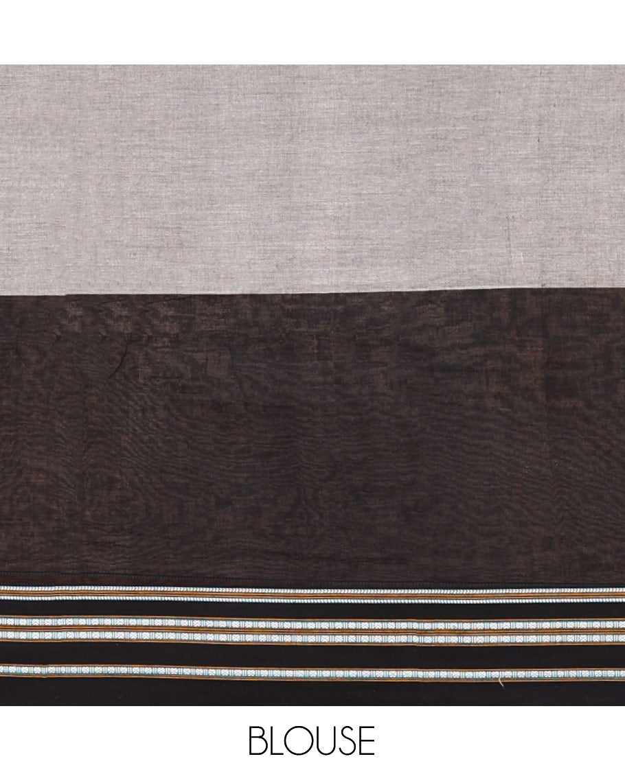Grey Plain Narayanpet Cotton Saree, Complemented by a Contrast Ganga-Jamuna Thread Border, Pallu of Stripes and Buttas, and a Matching Blouse