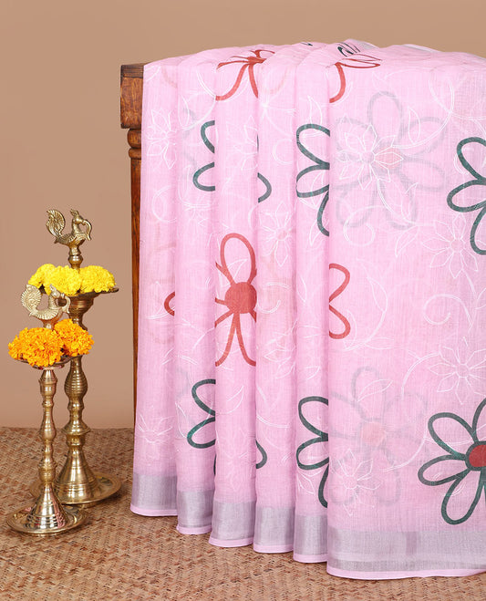 baby pink floral buttas embroidery linen saree with bhavanji border & self pallu along with butta printed blouse