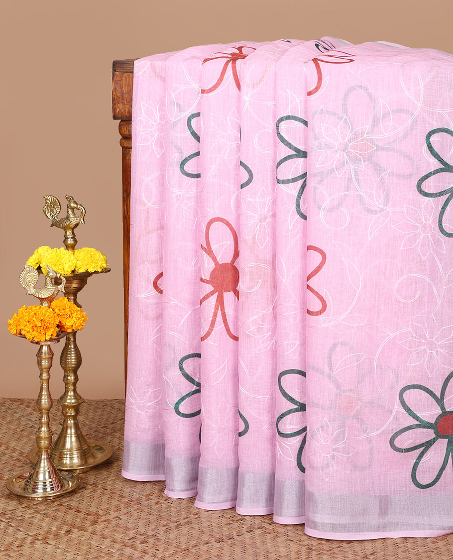 baby pink floral buttas embroidery linen saree with bhavanji border & self pallu along with butta printed blouse