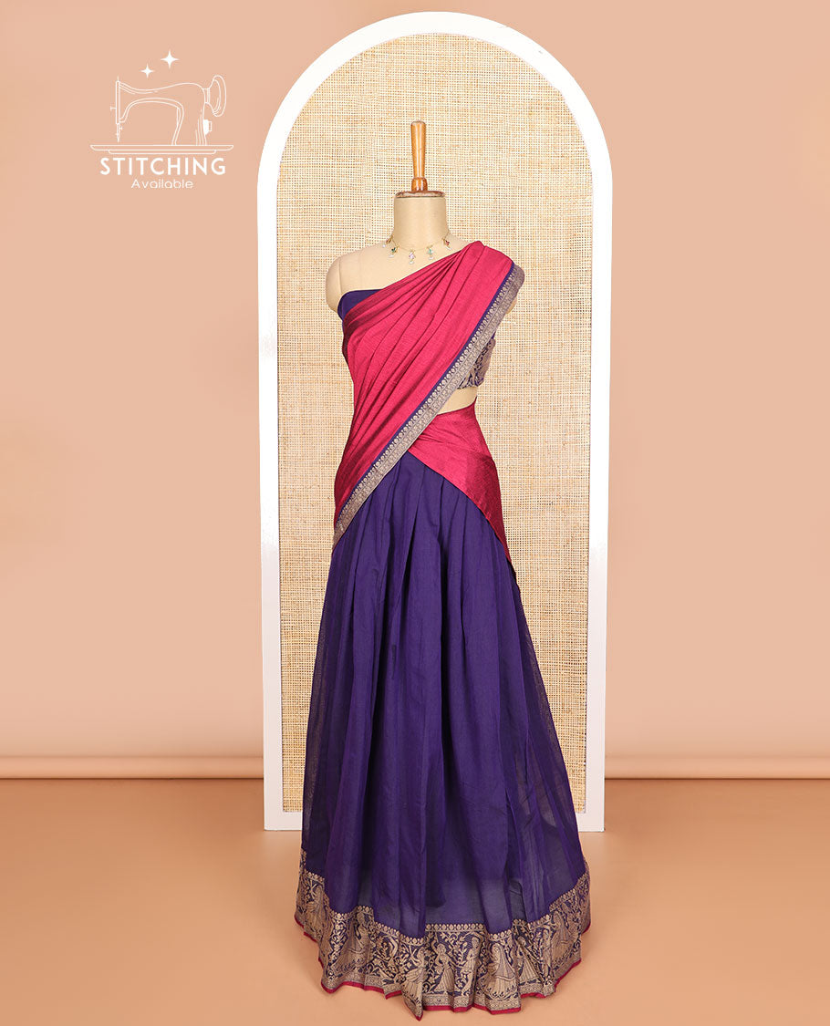 Purple cotton half saree with contrast wedding design border, zari design blouse & plain , zari design border dhavani