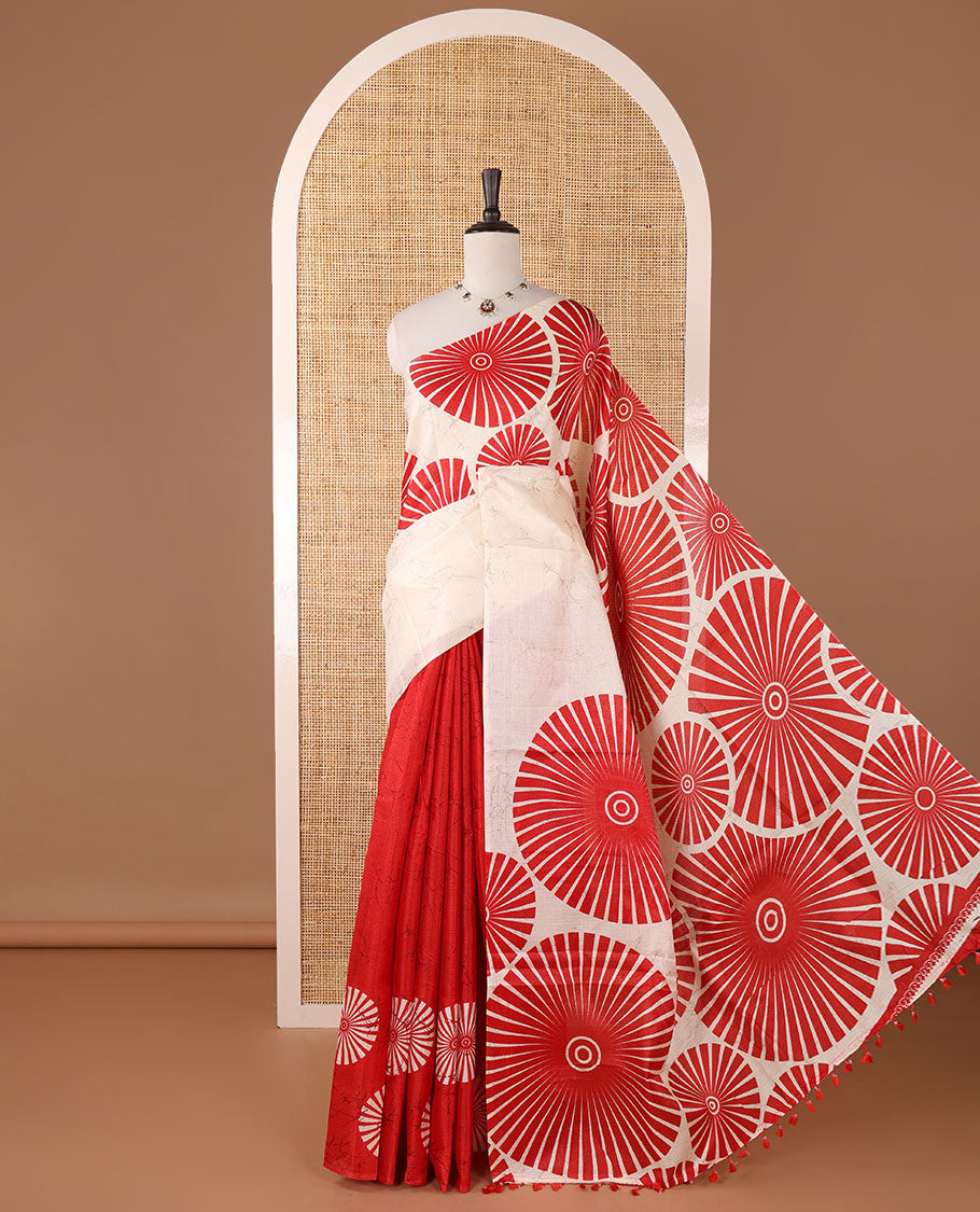 Borderless White with red sunbrust design skirt pattern khadi cotton saree & big sunbrust printed pallu with tussels