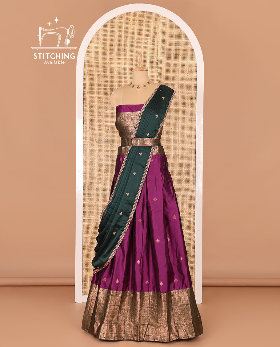 Violet taffeta silk half-saree, zari buttas and contrast traditional zari bordered skirt, a matching blouse, and contrast embroidered satin georgette  dhavani
